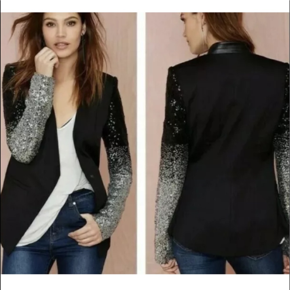 Haoduoy Black Sateen Silver Sequin Sleeve Single Button Blazer Club Womens L